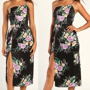 Black Floral Print Satin One-Shoulder Midi Dress